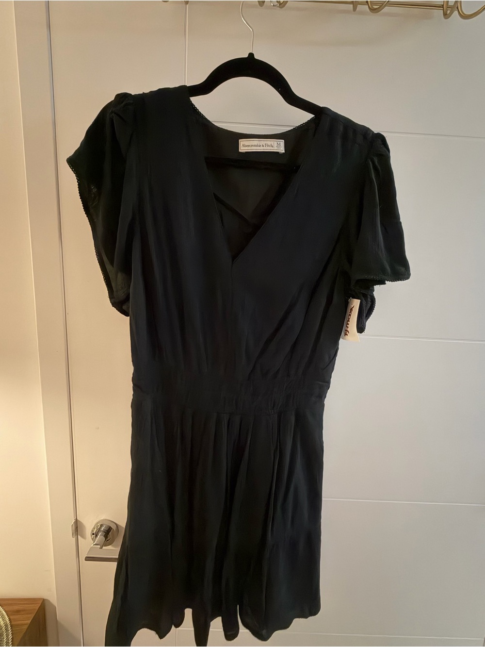 Abercrombie & Fitch Black V-Neck Mini Dress with Puff Sleeves